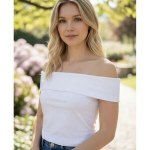 White Off the Shoulder Top Soft Romantic Fitted Shirt - Large